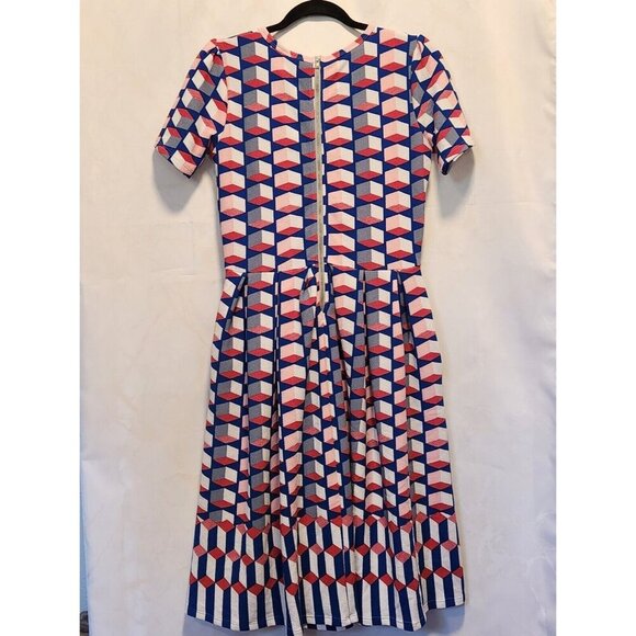 LuLaRoe Fit & Flare Amelia Dress M Multicolor Geometric Pleated Skirt Pockets - Picture 2 of 8